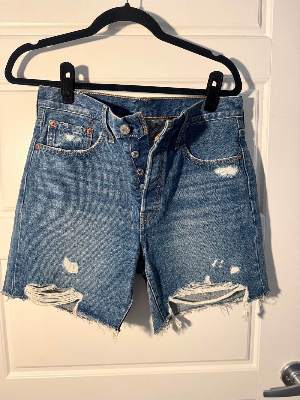 Levi's Distressed Mid-Blue Button-Fly Jean Shorts